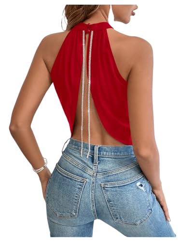 GORGLITTER Women's Rhinestone Open Back Halter Tops Sleeveless